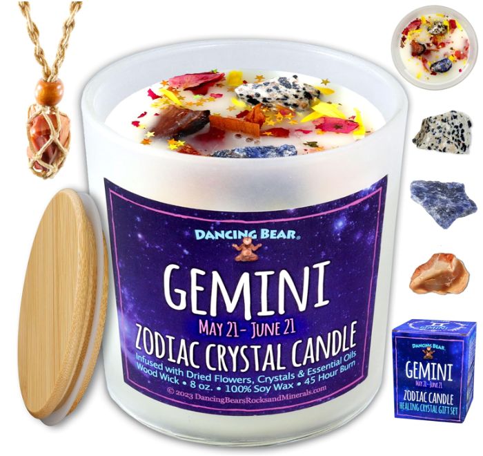 DANCING BEAR Gemini Zodiac Candle Gift Box Set with 3 Healing Crystals & Stone Holder Necklace, 100% Soy Scented Wax, Crackling Wood Wick, 45 Hour Burn Time