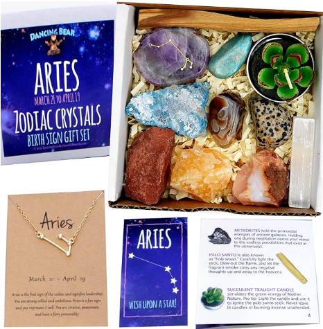 DANCING BEAR Aries Zodiac Healing Crystals Gift Set, (14 Pc): 9 Stones, 18K Gold-Plated Constellation Necklace, Meteorite, Succulent Candle, Palo Santo Smudge Stick, and Info Guide