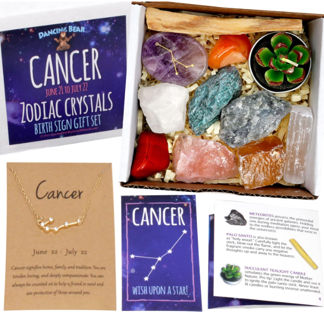 DANCING BEAR Cancer Zodiac Healing Crystals Gift Set, (14 Pc): 9 Stones, 18K Gold-Plated Constellation Necklace, Meteorite, Succulent Candle, Palo Santo Smudge Stick, and Info Guide, Made in The USA