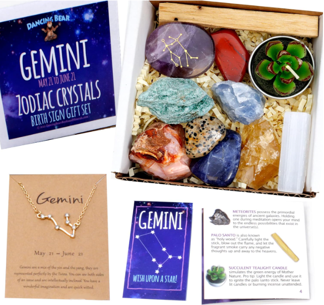 DANCING BEAR Gemini Zodiac Healing Crystals Gift Set (14 Pc): 9 Stones, 18K Gold-Plated Constellation Necklace, Meteorite, Succulent Candle, Palo Santo Smudge Stick, and Info Guide, Made in The USA