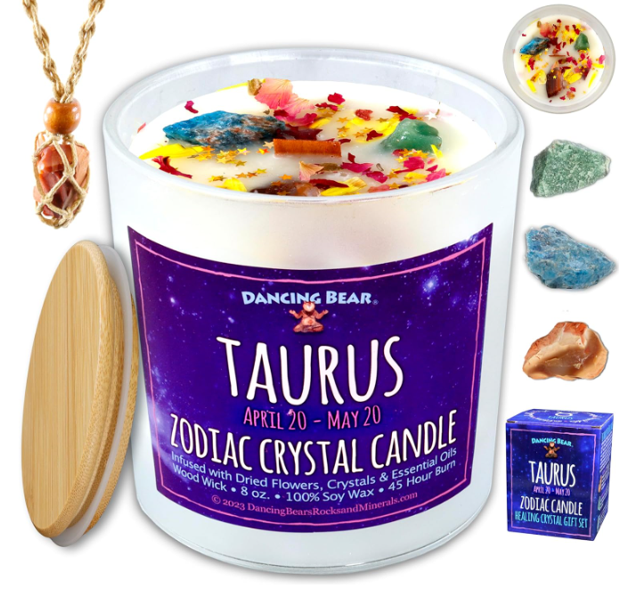 DANCING BEAR Taurus Zodiac Candle Gift Box Set with 3 Healing Crystals & Stone Holder Necklace, 100% Soy Scented Wax, Crackling Wood Wick, 45 Hour Burn Time