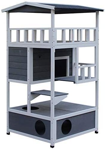 PawHut Wooden Outdoor Cat House, Feral Cat Shelter Kitten Condo with Asphalt Roof, Escape Doors, Condo, Jumping Platform, Grey