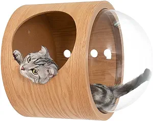 MYZOO Spaceship Gamma, Pet Bed for Cat & Dog, Window Perch, Cat Tree, Made of Wood (Oak, Open Left)