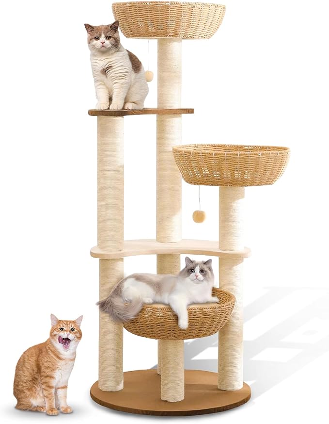 Modern Cat Tree Tower for Large Cats, Real Natural Sisal Luxury Cat Condo, Manual Hand Woven Wood Cat Tower, Indoor Cat Scratching Tree, New Cat Condo Lover Gift, Luxury Cat Gifts by Hiyong