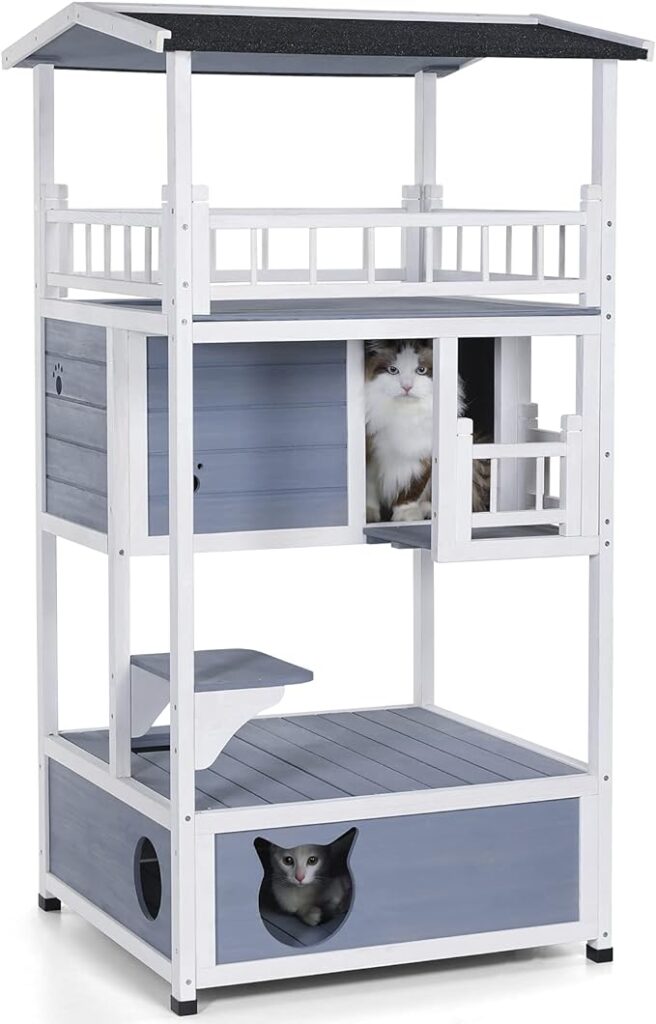 Petsfit Durable Roof Outdoor Cat House Weatherproof with Escape Door, Stair or Scratch Board, 2 Story Design Perfect for Multi Cats, Outside Cat House Blue