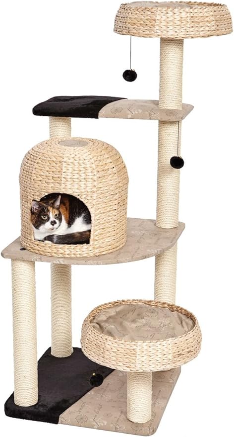 MidWest Homes for Pets Cat Tree | Biscayne Cat Furniture, 5-Tier Cat Tree w/Sisal Wrapped Support Scratching Posts & High Cat Look-Out Perch, Woven Rattan & Script, Large Cat Tree