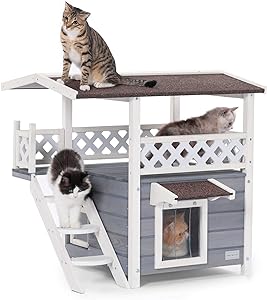 Petsfit Durable Roof Cat Houses for Outdoor Cats Weatherproof with Escape Door, Stair or Scratch Board, 2 Story Design Perfect for Multi Cats, Outside Cat House Gray