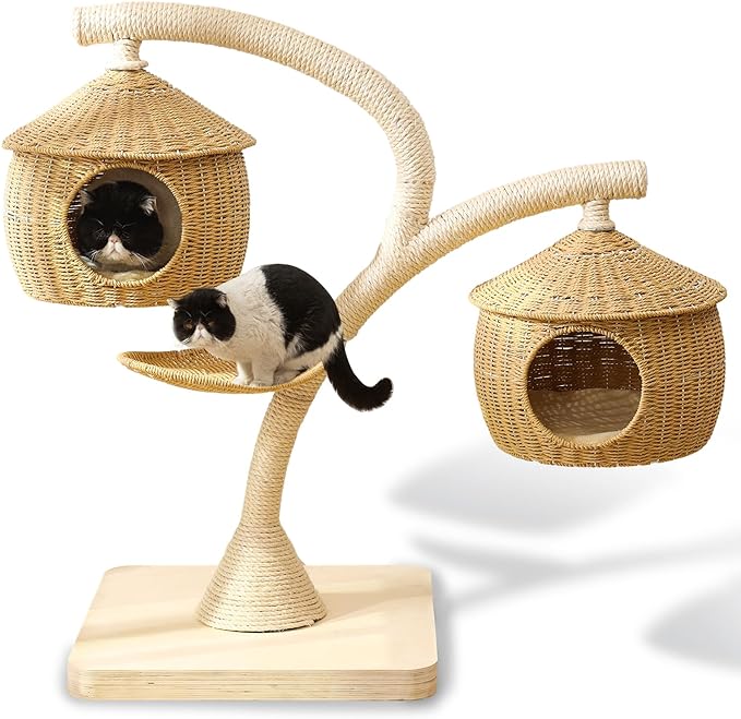 59" Big Modern Cat Tree Tower, Cat Tower Sisal-Covered Scratching Posts for Indoor Cats, Oak Wood Cat Tree for Large Cats, Multi-Level Cat Condo with Space Capsule Nest, Cat Furniture Activity Centre