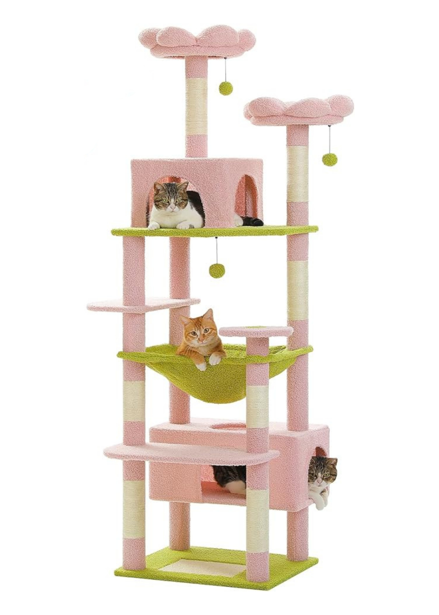 PAWZ Road Flower Cat Tree, 72 Inches Large Cat Tower with Steel Frame Hammock and 7 Scratching Posts, Tall Cat Tree with 2 Condos and Perches for Large Indoor Cats - Pink