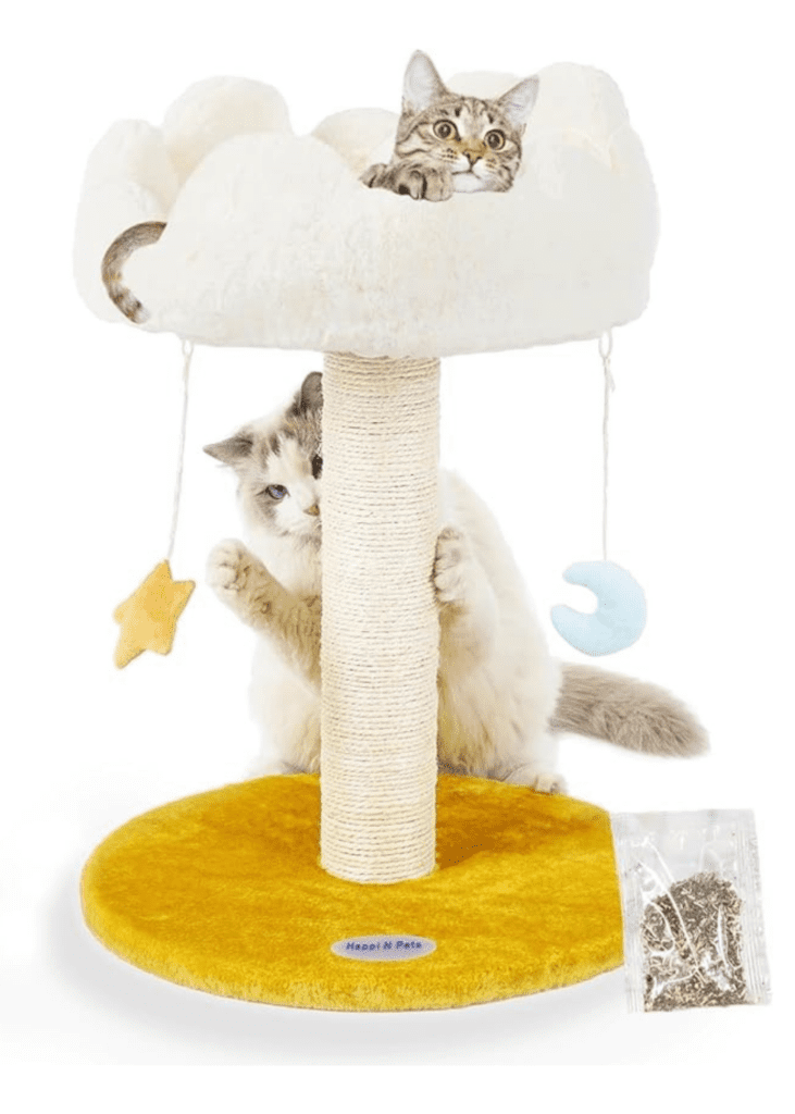 Happi N Pets Cloud Cat Scratching Post with Bed, Cat Tree Tower for Indoor Cats, Natural Sisal Cat Scratcher with Soft Perch for Kitten & Adult Cats, Small Cat Tower with Toys, Cat Activity Tree