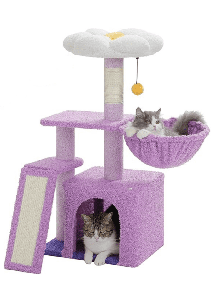 PETEPELA Flower Cat Tree for Indoor Cats, 32'' Small Cat Tower Cat Condo with Sisal Scratching Ramp, Cozy Hammock and Removable Flower Bed Perch for Kittens, Purple