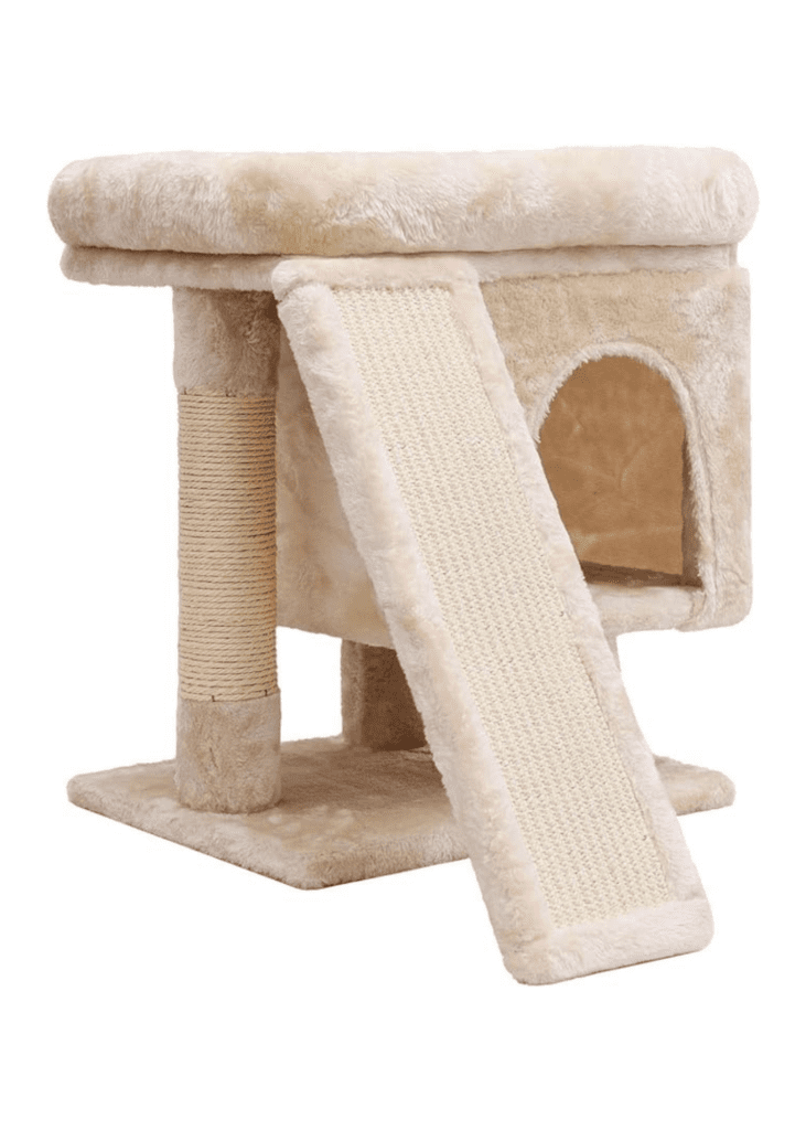 SYANDLVY Small Cat Tree for Indoor Large Cats, Kittens Condo with Scratching Post and Board, Modern Activity Tower with Cave (Beige)