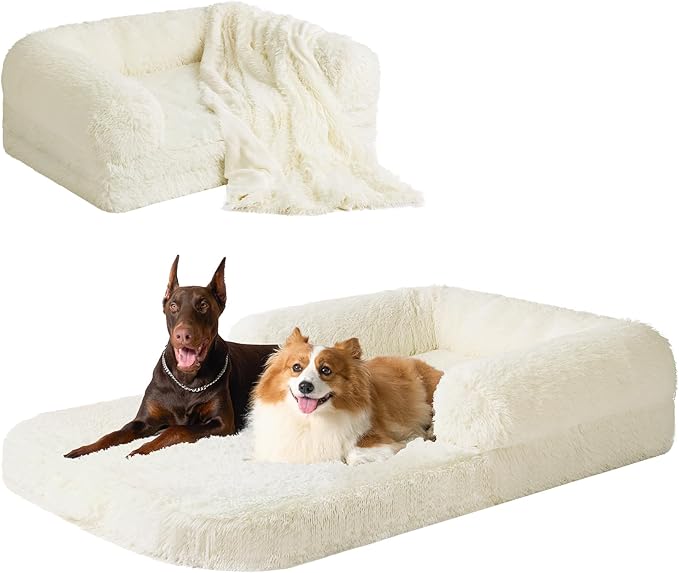 PERFECT SLEEP EXPERIENCE: EHEYCIGA human dog bed provides you with better rest and naps, just like lying in mom's arms, warm and relaxing, which can effectively relieve your anxiety. This dog bed for humans even allow you and your pet to rest and play on them at the same time.
COMFORTABLE AND CONVENIENT: Our human dog bed for adult uses premium faux fur plush as the bed cover fabric, which is soft, warm, breathable, and durable. In addition, when you buy it (human dog bed ONLY), we will also present you a blanket of the same color and material, so that you can lie on it more comfortably.
INTIMATE DESIGN: The bottom of the human size dog bed is non-slip, and the cover has waterproof liner to keep the sponge permanently dry and extend dog bed's service life. The adult dog bed is foldable, so you can just fold it after use to save space.
FILL MATERIAL: The bottom of the bed are filled with egg crate memory foam that with excellent resilience. The bolster is filled with new cut shredded foam and PP cotton, which can give really strong support. This large pet bed takes a cue from regular dog beds and aims to create a more comfortable space for people themselves.
EASY TO REMOVE AND CLEAN: Human Giant Dog Bed requires no installation. Simply unwrap the vacuum bag and wait for it to unfold. Please pat and shake it before use until it is completely fluffy. The faux fur cover can be washed in the washing machine at a low temperature. The bolster filling is not washable and should be removed before washing.