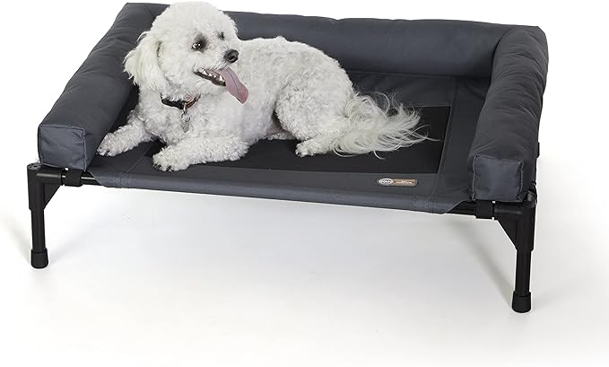 K&H Pet Products Bolster Dog Cot Cooling Indoor/Outdoor Elevated Dog Bed Hammock with Removable Bolsters, Washable Mesh Cover, Raised Camping Dog Bed for Medium Dogs - Charcoal Medium 25" X 32"

out this item
BOLSTERED OUTDOOR DOG BED: Dog cot bed is made of waterproof, heavy-denier fabric with fluffy plush bolster for ultimate pet comfort and security; Dog hammock design relieves joint pressure points and mesh center eliminates hot spots
ELEVATED DOG COT: Raised dog bed helps pets stay cool in warm spring and summer months by allowing air to circulate and keeps pets off wet/cold ground with 7" ground clearance; keeping your dog off the ground away from dirt, bugs, ticks, ants, etc
STRONG & STURDY: K&H Pet Cot's lightweight metal frame and heavy denier cover holds over 200 pounds, this elevated dog bed is durable and tested for strength; try adding a K&H Canopy (sold separately) to protect your dog & your cot from the sun
NO TOOL ASSEMBLY: Easy to assemble and disassemble, no tools necessary making this outside dog bed great for use as a travel dog bed, camping dog bed, beach dog bed and more
MACHINE WASHABLE: Elevated dog bed's removable cover and bolster are both machine washable and can even be hosed off outdoors; extra covers in multiple colors are available for purchase separately as well
INDOOR & OUTDOOR DOG BED: Lifted outdoor dog bed with breathable mesh center is great for indoor and outdoor use and features slip-resistant rubber feet to provide protection for indoor flooring and water-resistant mesh center repels moisture
SIZE: Medium measures 25 X 32 X 7, perfect for medium sized breed like: Bulldog, Boxer, Australian Shepherd, Blue Heeler, Basset, Beagle, etc
BRAND YOU TRUST: Designed & patented by K&H with OVER 20 years of experience in creating safe, innovative, quality products for pets; one year limited warranty