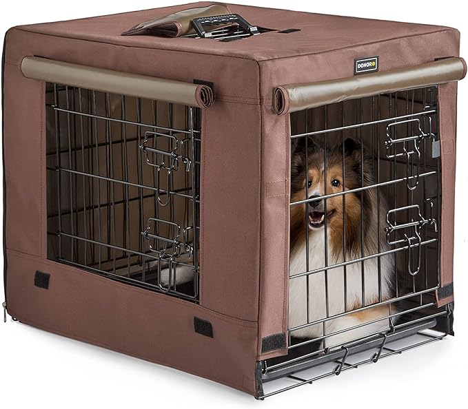 FULLY EQUIPPED SMALL DOG CRATE KIT: Include 1 x double door 24 inches dog crate for small dog, measures 24L x 18W x 20H inches; 1 x brown dog cage cover, 1 x carrying handle & 1 x leak-proof removable dog tray. Ideal for small dog breeds with adult weight up to 20 pounds
SAFE & SECURE CONSTRUCTION: Two door dog kennel is constructed from durable metal-wire. Each door have 2 heavy duty slide-bolt latches securely lock dog crate door in place, keeping your dog safely inside their space.
DOUBLE DOORS DESIGN: The small dog crate features two doors design for convenient front and side entry. Front door size: 13.8 x 11.8 inches, side door size: 12.6 x 12.2 inches.
DESIGNED TO FIT & USER FRIENDLY: Waterproof 600D Oxford fabric pet crate cover fits dog crate & hand wash only; Hook and loop tapes to attach the medium dog crate and hold the door panel which are easy to use.
QUALITY GUARANTEE: Entire metal dog crates, houses & pens kit includes 1-Year Manufacturer's Warranty on all products.