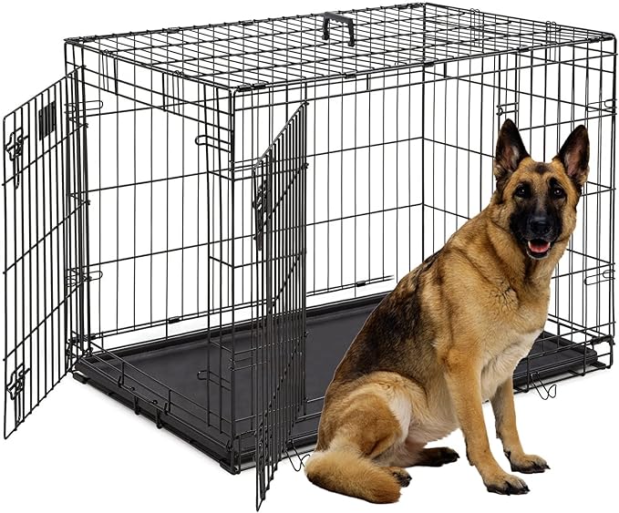 【Sturdy Durable & Nontoxic】: The basic dog crate is made of sturdy, rust-resistant metal with a black coating that won't rust and peel off. The crate is perfectly detailed without any sharp edges. And non-toxic finished surface protect your pet’s health while it licks or chews the metal frame.
【Two door design】Top and front door design makes dog kennel easier to access or feeding your pets. Slide-bolt latch securely locks dog crate door in place keeping your dog safely inside their dog cage. Sturdy metal frame provides optimal ventilation and visibility which offer your dog a comfortable and reliable
【Foldable & Portable】The collapsible design of our dog cage makes it the perfect choice for travel and camping. Set up in seconds, no tools required. Features a detachable carrying handle that can be mounted on either side of the dog crate as desired.The dog kennel provides a secure and convenient use in your daily life.
【Easy to Clean】: The bottom of the dog crate with movable mop tub is very easy to pull out, you can quickly clean. The dog cage includes a durable leak-proof ABS composite tray that won't stain, deform or retain your pet's odor. The tray with upward edge prevents dirty spills.
【Satisfaction Guarantee】 If you’re not satisfied with dog crate, please get in touch with us. We will try our best to give you a satisfied solution, you will Not be sorry for your buying. We will serve you 24 hours.