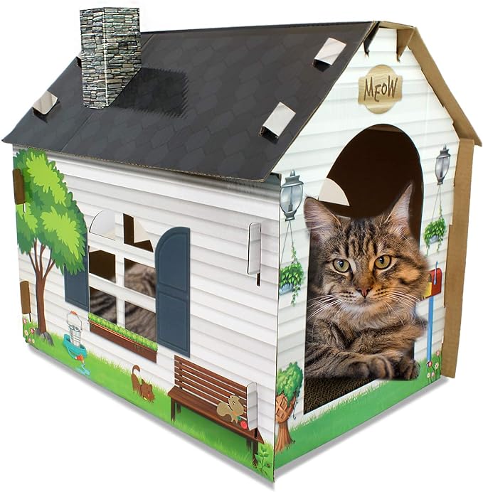 ASPCA 2 in 1 cat house with scratching Board interior. Private place for your cat to rest and play
Cats love this pet bed house. Interior den-like hiding space for napping promotes nesting instinct. Promotes Paw health: The scratching motion of their feet keeps their paws healthy and strong, especially important to kittens, Adult and active pets
Sprinkle some organic catnip (not included) on the cardboard while introducing the pad to a cat to entice your cats to scratch.
Keep cats entertained and off of furniture. Easy to assemble all instructions and parts Included
Size: 19.x13x17 inches.