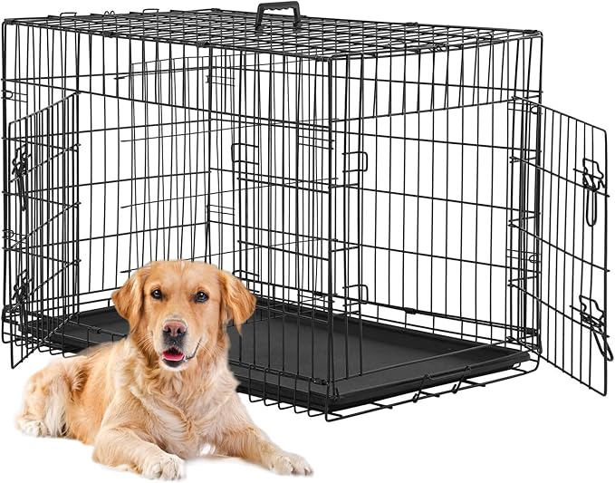 🐶【DESIGNED TO SAFE AND COMFORTABLE】The pet cage have two large doors, one on the front and one on the side, are easy to open, close. Heavy duty securely lock with dual latches, providing a safe and secure environment for your pet. The dog cage designed to keep animals safe and comfortable. Pet kennel wire dog crate animal cage.
🐶【EASY TO CLEAN】The dog cage Includes a durable leak-proof ABS composite tray that will not stain, warp, corrode or retain pet odors. The pet cage bottom pan features an integrated lip around the perimeter, to contain any mess from spilling outside the dog kennel. Dog cage with tray pet crate metal dog cage.
🐶【PERFECT TO INDOOR AND OUTDOOR】Our dog crate constructed from sturdy rust resistant metal for increased longevity and durability. Our dog cage is great for indoor or outdoor use. Our pet crate is your best choice! Pet kennel wire dog crate animal cage.
🐶【GREAT FOR CAMPING】Our dog crate no tools required. Once you’re done, the pet crate quickly collapses for convenient storage. our dog cage collapsible design makes it ideal for travel and camping. Dog cage with tray pet crate metal dog cage.
🐶【EASY TO SETUP】This dog crate is a must have for any dog lovers. Our puppy playpen assembles and comes down quickly which is very important as you don't want to be wasting tons of time while enjoying time off. Dog crate with handle metal dog cage dog kennel.