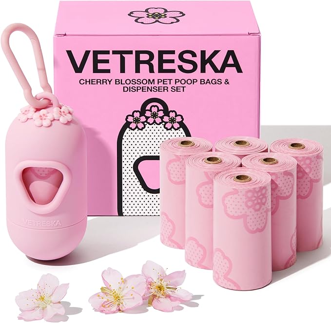 VETRESKA Dog Poop Bag Dispenser with Cherry Blossom Scented Poop Bags, Leak Proof and Extra Thick Pet Waste Bags