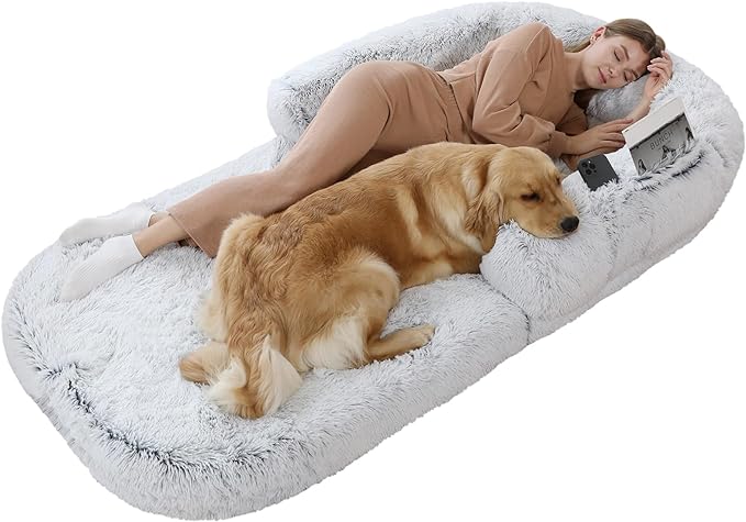 [Excellent New Relax & Napping]: YAEM Human dog bed can provide a new way to enjoy better rest and napping, human dog bed can even accommodate you and your pet to rest and play in it at the same time
[Moms Embracing-like sense of security]: 74x43x9 IN Dog beds for Large dogs provide oversized surround, The thick bolster allows you to tuck your hands and feet into it, just like lying in the arms of mom, warm, peace of mind. Effectively relieve your anxiety.
[Comfortable & Convenient]: Human dog bed uses premium faux fur plush as the bed cover fabric, which is soft, warm, breathable, and durable. In addition, we have added a storage pocket on the side so that you can put some small items when you lie down inside
[What Will You Get]: The dog bed for human bottom is added with non-slip rubber particles, which are not easy to slide during use. Our packaging includes; 1 x Human Dog Bed, 1 x Non-slip Cover, It is better to wash before use.
[Wash & Care]: YAEM human dog bed for people's size just needs to open the zipper, take out the filler, and put the bed cover into the washing machine for low-temperature cleaning. Please avoid using high-temperature cleaning or drying, we recommend natural air drying it. If there are any questions, please contact us as soon as possible, and we will solve the problem the first time.