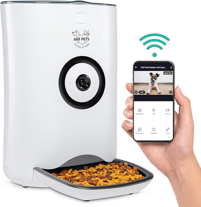 Arf Pets Smart Automatic Pet Feeder with Wi-Fi, HD Camera with Voice and Video Recording, Programmable Food Dispenser for Dogs & Cats with Easy App-Controlled, 29-Cup Capacity, for iPhone & Android