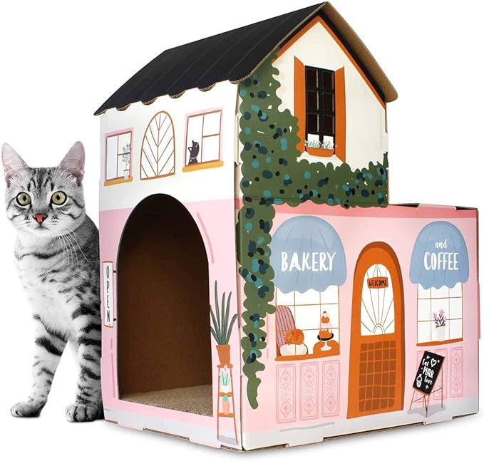 Cardboard cat house 2 in 1 with scratching board interior. Private place for your cat to rest and play
Catnip included sprinkle some catnip on the cardboard while introducing the pad to a cat to entice your cats to scratch
Cats love this pet bed house. Interior den-like hiding space for napping promotes nesting instinct. Promotes Paw health: The scratching motion of their feet keeps their paws healthy and strong, especially important to kittens, Adult and active pets
Keep cats entertained and off of furniture. Easy to assemble all instructions and parts included
When not in use, the cat house can be collapsed into a flat, compact size for out-of-the-way storage