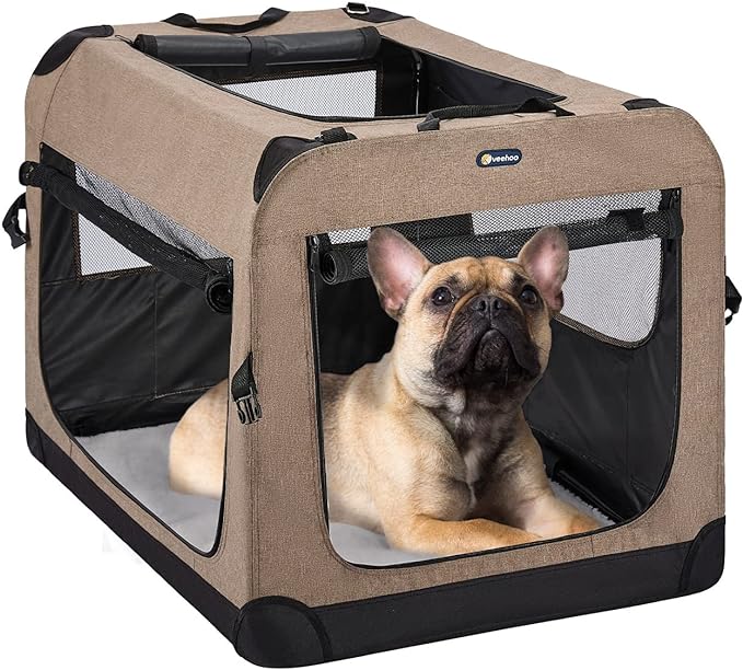 Folding soft-sided 24"*16"*16" dog crate for small dogs up to 25 lbs. Crafted of 600D Cationic Oxford fabric and tight weave mesh, it boasts reliable sturdiness.
5-sided mesh window features high ventilation and 3 roll-up entrance doors (top, front and left) allow your dog to come and go freely. Semi-closed design allows you to keep an eye on your pet.
Dog crate interior made up of collapsible & solid steel frame and washable fleece pad, is a soothing environment for crate-training dogs. Worry-free and hygiene.
Collapsible steel frame with retractable springs makes setup simple (no tools needed) and fold flat for easy transport and compact storage. Easy carry with handle or strap. Adjustable strap included.
Lightweight frame and special locking mechanism makes traveling a breeze. Perfect for road trips, the great outdoors or everyday home use. Spend more time on-the-go with your beloved dog.