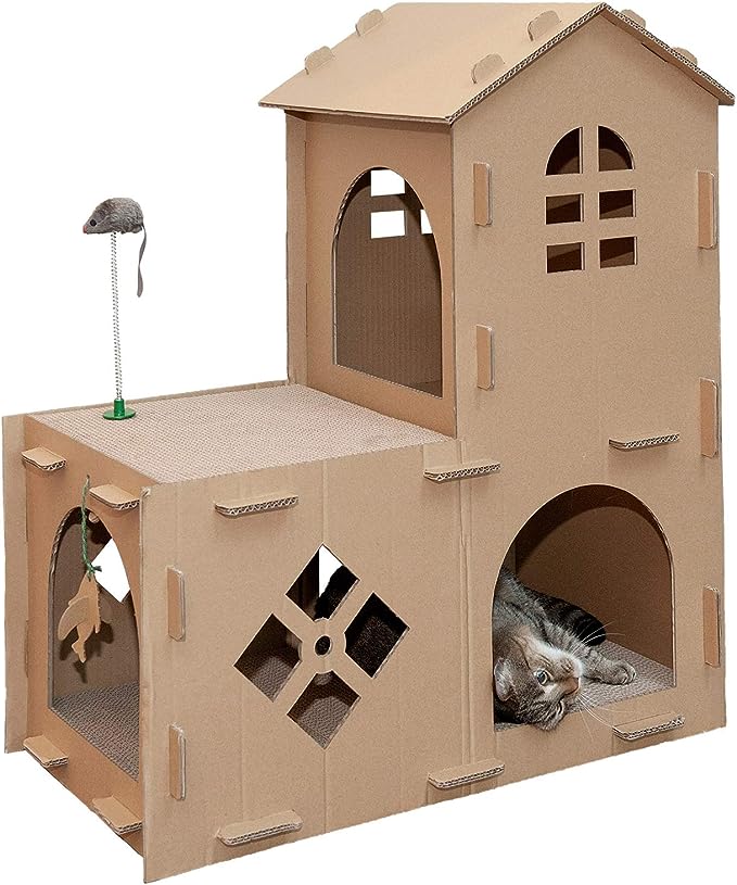 DESIGNED FOR CATS: The cat scratcher features a two-level housing design that provides an enclosed space for your favorite kitty to lounge in and scratch away in relative comfort and privacy; it also comes with detachable toys for entertainment
CUSTOMIZABLE: This cardboard cat house comes with a blank interior and exterior so cats and owners can decorate the walls and space to their heart's content
FOR OTHER PETS: This enclosed hideout is also perfect for smaller pets such as rabbits, rats, hamsters, gerbil, guinea pigs, ferrets, and hedgehogs
SCRATCH PAD: The corrugated surface carries the rough, bark-like texture of a tree to better satisfy your cat's scratching needs; apply the included catnip along the surface to entice your kitty to the scratcher and away from expensive furniture
DURABLE: The dense corrugated cardboard scratch surface is double-walled with varying thickness for increased durability, which makes Furhaven cat scratchers last longer than other cheaply-produced brands
PRODUCT DETAILS: Cardboard; 27.5" x 16.5" x 31"