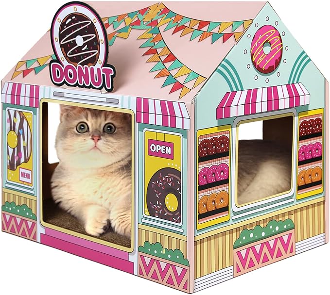 [CAT HOUSE & SCRATCHER 2 IN 1 DESIGN]: 2 in 1 Cat House Donut Shop, this cat cardboard house is not only a cat playhouse for resting and napping, but also a cat scratcher board for exercising and playing. The scratcher house provides a hideaway place for your cats to play and rest. The removable corrugated scratcher board helps to promote paw health and fulfill your cat's natural instincts and provide enrichment in your home.
[SPACIOUS DIMENSIONS]: This cat hideaway has spacious room with size 16.5''L x 12''W x 15''H. The Wider entrance design(7.3 x 7.3 inch) makes your cats to get in and out comfortably. Features 3 windows for your cat to peek through. The triangle roof offers your kitty more space to stay in there. Unique getaway villa design makes this cardboard cat house to be a beautiful home decoration, and makes your home more delicate and luxurious. ATTENTION: Please measure your cat to make sure it fits.
[TOOL FREE ASSEMBLY]: Only two pieces of cardboard make it easy for you to assemble. Merely 4 steps are needed to get an amazing cat holiday cottage and scratcher for your paw friends in just a few minutes without the help of glues or other tools (assembly instructions included). This cat cardboard furniture can be folded into a flat shape for easy storage in the original box(17''L x 13''W x 3''H) and reused with long lasting.
[CORRUGATED SCRATCHER & CATNIP INCLUDED]: This cardboard cat scratcher house' corrugated texture helps groom their nails as they dig in and keeps your scratching board for the cat fresh at all times. Your furry friend meets this fun surface to scratch, which helps groom their claws. Sprinkle with catnip to attract and encourage your cat to use this scratcher. The catnip for cats helps you entice your kitty to have good scratching habits and keeps your cat interested and entertained for hours.
[PERFECT GIFT IDEA]: This cat house for indoor cats is made from premium pressed cardboard, ensuring a dense and durable structure. The charming Donut Shop design, combined with its portable features, makes it an excellent gift for your cat's birthday or for cat lovers among your friends and family. If you encounter any manufacturing defects or are not completely satisfied with the product, please contact us for assistance. We're committed to ensuring your satisfaction.