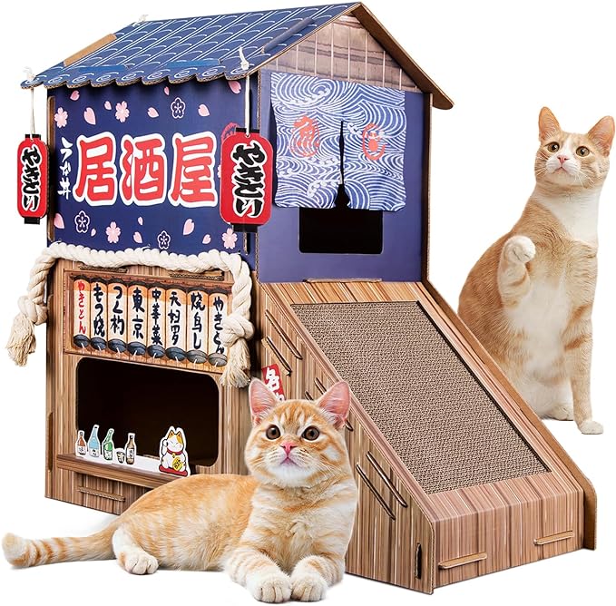 Beautiful and practical cardboard cat house】 Double cat bed design,with a cat scratching board and metal cat bell on the side, allowing cats to play and rest between the upper and lower layers,as well as practice grinding their paws on the scratch board.
【Features on All sides】: Front: double-story izakaya bar where cats can pretend to open a Japanese cat house tavern. Back: cat pokes out its head as if it's making sushi itself, very cute. Left: comes with a metal cat bell that makes a crisp ringing sound when cat scratches. Right side: with a sloped cat scratching board to satisfy the cat's need to sharpen its claws.
【Sturdy cardboard cat house】Made of 4.5mm high-strength heavy-duty cardboard,combined with scientific construction,it can hold up to 100 pounds,so you can use it with confidence. Again: this cat cardboard house is not made of ordinary cardboard,it is very sturdy.
【Easy to assemble】Comes with detailed instructions for quick and easy installation; including all hardware and tools, you can enjoy DIY fun with your children and build an exclusive cat house for your cat.
【Quality Service】 opbodqo is committed to providing customers with high-quality products and considerate services.If you encounter any problems during the installation process,please feel free to contact me and we will solve the problem for you within 24 hours.