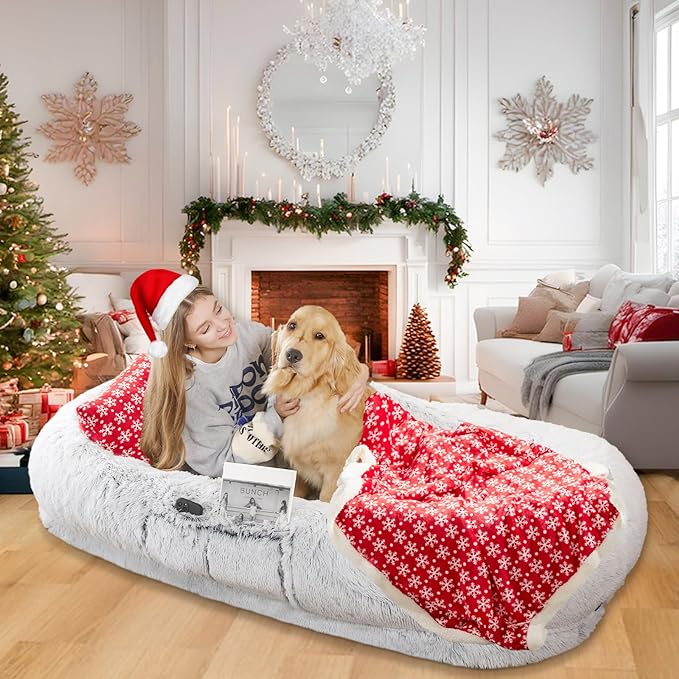 Excellent New Relax & Napping: WROS Human dog bed can provide a new way to enjoy better rest and napping; human dog bed can even accommodate you and your pet to rest and play in it at the same time
Moms Embracing-like Sense of Security: 71*45*12 IN Dog beds for large dogs provide oversized surround; the thick bolster allows you to tuck your hands and feet into it, just like lying in the arms of mom, warm, peace of mind; effectively relieve your anxiety
Comfortable & Convenient: Human dog bed uses premium faux fur plush as the bed cover fabric, which is soft, warm, breathable, and durable; in addition, we have added a storage pocket on the side so that you can put some small items when you lie down inside; we have also presented a strap, so that you can easy storage the extra large dog bed
What Will You Get: The dog bed for human bottom is added with non-slip rubber particles, which are not easy to slide during use; our packaging includes: 1xHuman Dog Bed, 1xSoft Blanket, 1xPlump Pillow, and 1xDurable Strap
Wash & Care: Human dog bed for peoples size just needs to open the zipper, take out the filler, and put the bed cover into the washing machine for low-temperature cleaning; please avoid using high-temperature cleaning or drying, we recommend natural air drying it; if there are any questions, please contact us as soon as possible, and we will solve the problem the first time