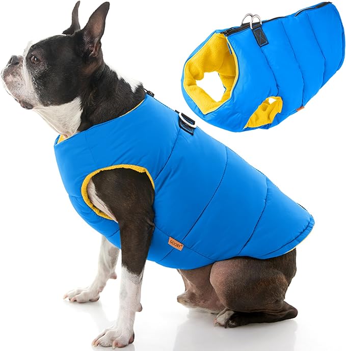 Gooby Padded Vest Dog Jacket - Solid Blue, Small - Warm Zip Up Dog Vest Fleece Jacket with Dual D Ring Leash