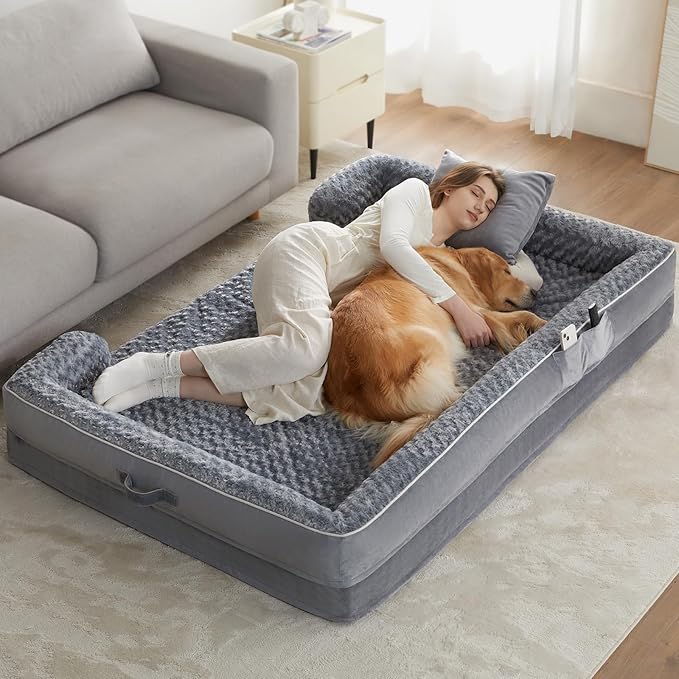 SOFA-STYLE BED DESIGN: Dog bed with C-shaped design.The 3-sided 3.5" side bolster of dog pillow adds extra support to your pet's neck and head, while the C-shape design makes your dog feel safer and sleep more peacefully.
SIZE:(jumbo plus dog bed) 71x46x7 inch dog bed extra large size dog could load-bearing less than 250lbs . For dogs that like to roll around, sizing up will be more comfortable.
MADE FOR COMFORT: The orthopedic dog bed features 3.5 inches of high-density egg foam to support and relieve your fur baby's muscles and joints. The large dog bed can provide extra support and safety, relieve joint pain or arthritis, and is a great choice for elderly and sick dogs.
COMFORTABLE SURFACE FABRIC: The pet bed adopts luxurious rose pattern short plush as the surface material, the skin-friendly and comfortable surface provides a calm and anti-anxiety feeling for your pet, allowing your pet to sleep better.
WATERPROOF & WASHABLE DOG BED:The jumbo plus dog bed cover comes with a zipper for easy to quick remove and care,so just throw it in the washing machine and will be as good as new.The waterproof inner lining protects the dog sofa from urine.