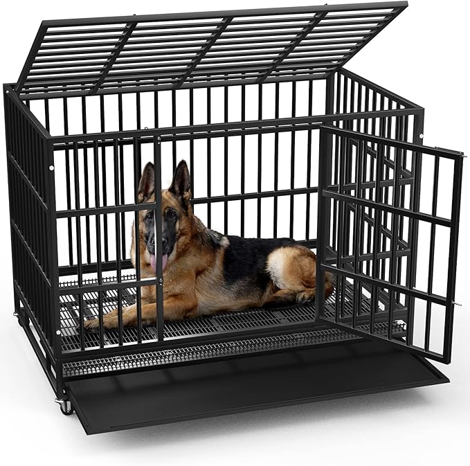 Indestructible Heavy Duty Dog Crate: The LMEBERI 48 inch dog crate is a 20-gauge steel crate with reinforced 0.5-inch-diameter steel tubes. It is durable, with strong joint welds and dual latches on the door.If you have a dog who suffers from anxiety,this is the dog cage you need. NOTICE:PLEASE CONFIRM THE SIZE OF DOG CRATE BEFORE PLACEING YOUR ORDER!
Safe And Convenient Design: This large crate is built from steel and has a non-toxic, anti-rust finish.The dog crate with a front door for easy access,and the top door also can be opened for you interacting and exercise with your dog. The two locks with safety buckles ensure that your dog won’t escape when you aren’t around.
Easy To Clean: The floor grate has a slide-out tray underneath, which allows for easy clean up. And the grate size is perfect,which can not only let the dog food and excrement fall,but also let your dog stand firm. Both of them are Removable.
Easy To Assemble & Move: The four caster wheels on the bottom are lockable, and we like that the design makes it difficult for high anxiety dogs to escape or cause harm to themselves or damage the cage.Most of the parts were pre-assembled, fit it with four wheels and ten screw bolts, only takes within 10 minutes to complete.
Great Heavy Duty Dog Crate For The Money: This dog cage is specially designed for German Shepherd, Golden retriever, Labrador and other large dogs.