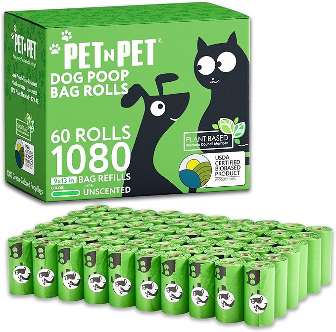 Pet N Pet 1080 Counts Green Poop Bags for Dogs, 38% Plant Based & 62% PE Extra Thick Dog Poop Bags Rolls