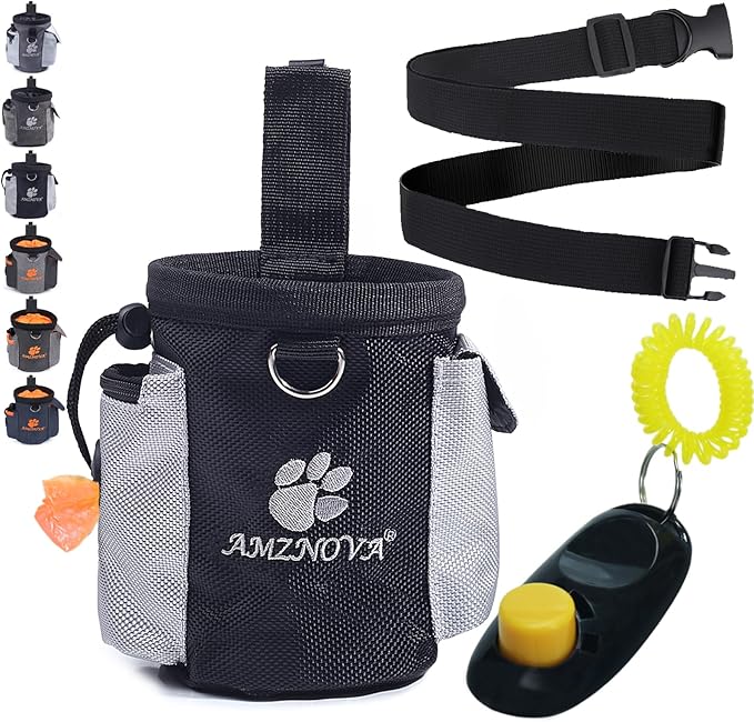 Dog Treat Bag, Puppy Training Pouch, 3 Cups Animal Walking Snack Container Best Hiking Toys Pack Dispenser Carries with Waistband, Black