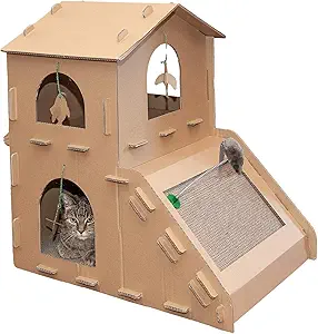 DESIGNED FOR CATS: The cat scratcher features a two-level housing design that provides an enclosed space for your favorite kitty to lounge in and scratch away in relative comfort and privacy; it also comes with detachable toys for entertainment
CUSTOMIZABLE: This cardboard cat house comes with a blank interior and exterior so cats and owners can decorate the walls and space to their heart's content
FOR OTHER PETS: This enclosed hideout is also perfect for smaller pets such as rabbits, rats, hamsters, gerbil, guinea pigs, ferrets, and hedgehogs
SCRATCH PAD: The corrugated surface carries the rough, bark-like texture of a tree to better satisfy your cat's scratching needs; apply the included catnip along the surface to entice your kitty to the scratcher and away from expensive furniture
DURABLE: The dense corrugated cardboard scratch surface is double-walled with varying thickness for increased durability, which makes Furhaven cat scratchers last longer than other cheaply-produced brands
PRODUCT DETAILS: Cardboard; 26" x 20" x 26"