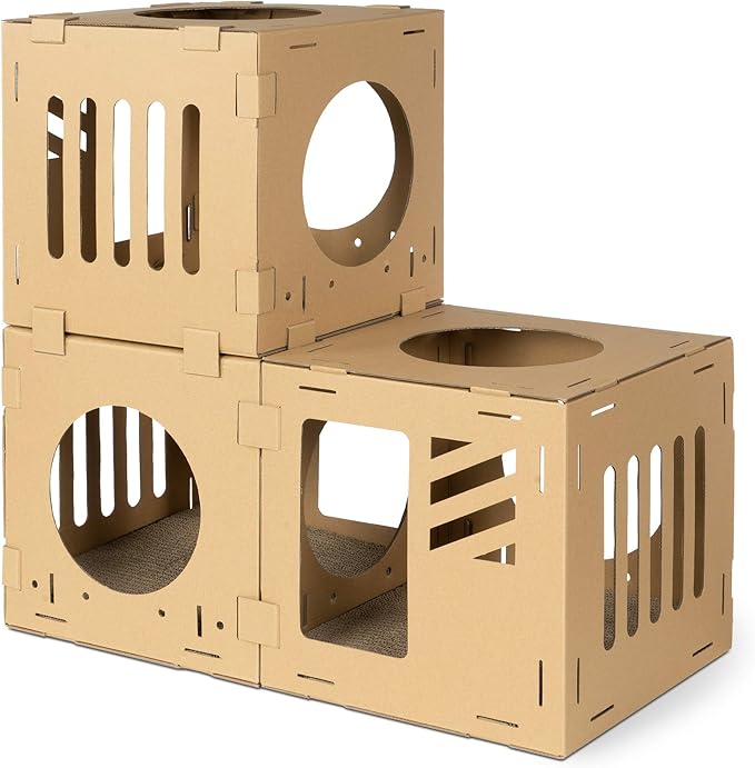 CUSTOM CAT HOUSE: Create the play maze of your cat's dreams with this customizable set of cardboard cat furniture. Put the set together and watch your cat run, climb, sleep, scratch and perch in and on the structure.
EASY TO ASSEMBLE: The assortment of cubes can be stacked into a tower or connected into a tunnel. The set includes all the connector pieces needed to put everything together.
PRODUCT DETAILS: Each cube measures 12" x 12" x 12" (30.5cm x 30.5cm x 30.5cm). Delivery includes (3) cubes, (2) scratcher boards, and (1) connector set. Made of corrugated cardboard.
STURDY BUT LIGHT: Once assembled, the cardboard house is stable and will withstand all the jumping and playing your kitty loves to do. At the same time, the cardboard is lightweight and easy to move around if needed.
FOR KITTIES AND MORE: The cubes are the perfect size for a smaller cat, kitten or pet rabbit.