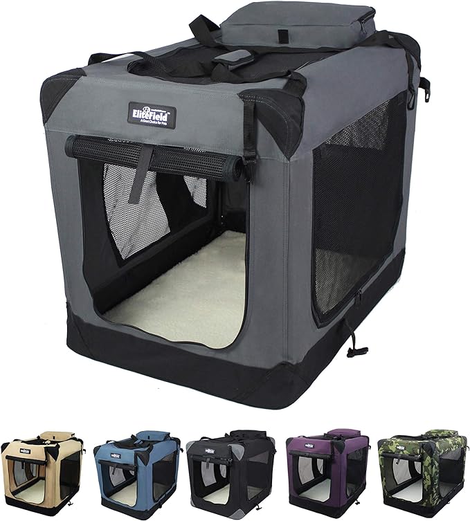 This 36" soft crate measures 36" long x 24" wide x 28" high, which is 2" wider and 4" higher than most other brand 36" soft crates. The extra space provides a more spacious and comfortable environment for your dog. The soft crate is fully assembled and can be set up and folded down in seconds, without requiring any tools
The crate frame is constructed from sturdy steel tubing, while the crate cover is made of high-quality, durable 600D fabric and hex mesh fabric. This makes a well-ventilated, stylish, lightweight, and durable crate that provides a comfortable and secure environment for your dog
The crate features three mesh doors located on the top, front, and side, providing convenient access, improved sunlight, and breathability. The front and side doors have zipper locks to ensure safety and security. Additionally, the crate has two accessory pockets located on the top and back for added storage. The crate cover and bed cover are both removable and washable, making maintenance and cleaning easy
The crate comes with a free carrying bag and fleece bed. The crate has a handle and hand carrying straps, while the carrying bag features both hand carrying straps and an adjustable padded shoulder strap, providing many carrying options. The crate can be folded down to a height of just 3 inches, making it easy to transport and store
You will benefit from a 2-YEAR WARRANTY. Our products come with a quality guarantee, money-back guarantee, and customer satisfaction guarantee