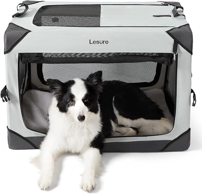 Foldable and Space-Saving Design: This soft dog crates for large dogs provides a safe, comfortable dwelling for your pet and can be folded down in seconds to save space when traveling or when not in use. This soft-sided dog crate is quick and easy to set up with no tools required.
Breathable and Durable: Four zippered doors of this escape proof dog crate give your pet multiple ways to enter and exit their new home. Four high-density mesh windows are durable and provide excellent visibility and ventilation. Roll up and secure the mesh panels with velcro for extra air flow and to check on your furry friend.
Portable and Lightweight: The sturdy yet lightweight frame and fabric make this Large dog crate for car the perfect traveling home for your pooch. This indoor and outdoor dog kennel is equipped with a carrying handle and side pockets to conveniently store treats, leashes, waste bags, and other essentials.It even includes an elastic strap for a water bottle for dogs.
Built-in Safety Leash: An interior leash attachment clips to your puppy's collar to keep them secure inside their L dog crate. Side doors feature heavy-duty locking zippers for added safety and security.
Easy to clean: This portable dog crate is made of waterproof PVC material that can be easily wiped clean in seconds. The soft sherpa mattress is removable and washable, making the cleaning and general maintenance a breeze.