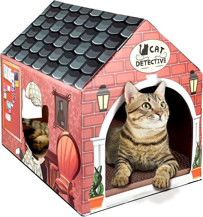 [2 IN 1 DESIGN]: The Detective Pattern Cat House is a cardboard cat house and cat scratcher all in one.This multi-functional cat bed with cat scratcher provides your cat with a private hideaway to have fun in. The scratching pad keeps your furniture safe from claw damage and keeps claws trimmed.
[SPACIOUS INTERIOR]: A perfect gift to offer your cat and kitten a new way to spend the day. The triangle roof of this cat bed offers your kitty more space to stay in there. Its unique design includes a wide archway entrance and three window openings, giving cats of all ages plenty of room to explore their new home. Please measure your cat to make sure it fits.
[EASY ASSEMBLY]: This cardboard cat house is easy to assemble in just a few steps - no tools are required! (Assembly instructions will be included). Merely 4 steps are needed to get an amazing cat house and cat scratcher for your paw friends in just a few minutes . The cardboard pieces easily and snugly fit into each other to create the complete cat house.
CAT SCRATCHER & CATNIP INCLUDED: Sprinkle catnip to attract and encourage your cat to use this scratching post. Catnip for cats can help you entice your kitten into good scratching habits and keep your cat interested and entertained for hours.This cat cardboard house will be a perfect cat toys for your cat.
ALL-PURPOSE CAT HOUSE：LiBa Cat House with scratcher integrates play, exercise, sleep, and scratch functions, making it a multifunctional and inclusive shelter that meets the various needs of cats. Get this cute cat house for your cat!