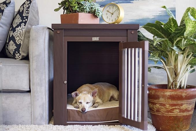 Elegant way to house your pet while disguising the pet crate as a fashionable piece of furniture that can double as an end table
Made of ECOFLEX, a non-toxic recycled plastic-wood polymer composite material that won't warp, crack or split
Spindles made of stainless steel tubing and a stainless steel latch; double latches on large and x-large crates
Easy, no-tools assembly
For dogs up to 50 lbs
Exterior Dimension: 29.5 in. L x 21.1 in. W x 25.2 in. H || Interior Dimension: 26.8 in. L x 17.7 in. W x 20.9 in. H
Door Dimension: 13.8 in. W x 19 in. H