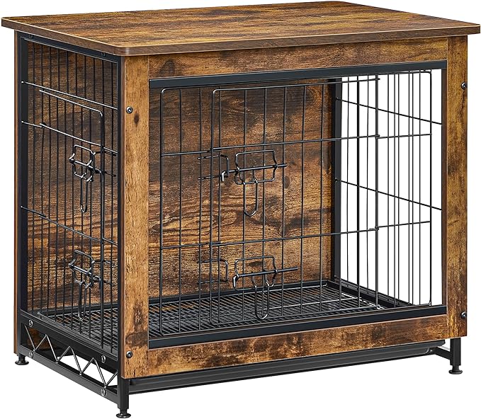 [1 Crate, 3 Uses] Offers a safe haven for your dog, serves as a side table or nightstand for you, and easily blends in with your home decor and elevates your space—this dog crate meets everyone’s need, from your dog to you and your home
[Sturdy and Chew-Resistant] Made with durable particleboard and steel, this piece of dog furniture is sturdier and more chew-resistant than wooden dog crates, offering a lasting, stable, and safe retreat for your fur friend
[Door Left, or Door Right] You decide. This dog kennel comes with 2 doors (1 front door and 1 side door) for your dog to go in and out easily; the side door can be either installed to the left or right to fit various spaces
[2 Ways to Use the Tray] Put the tray under the bottom mesh to catch crumbs, fur, and dirt, keeping your dog's place clean without dirtying your floor, or place the tray above the mesh to offer your dog a flat, comfortable surface—it's up to you
[Choose the Right Size] With an internal size of 24.4" x 16.5" x 19.7", this dog crate is ideal for small dogs up to 30 lb (such as a Chihuahua, Yorkshire, Toy Poodle, Jack Russell, etc). Please measure the size of your dog to ensure it comfortably fits