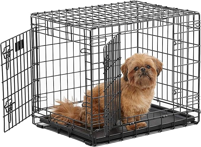 Double door heavy-duty folding metal dog crate | Includes free divider panel, leak-proof plastic pan, a strong carrying handle, rubber feet to protect floors
MidWest's Strongest Dog Crate: Product dimensions – 25” L x 19” W x 21” H | Weight – 26 lbs. | For dogs with a weight between – 11 to 25 lbs.
Convenient double door (front & right side) dog crate configuration with two slide-bolt latches per door securely locking doors in place
Dog crate folds flat for convenient storage, travel & portability | Ultra strong crate design creates a safe place for your pet while you're away
Family Owned for Over 100 Years | Customer and product support provided from our headquarters in Indiana!