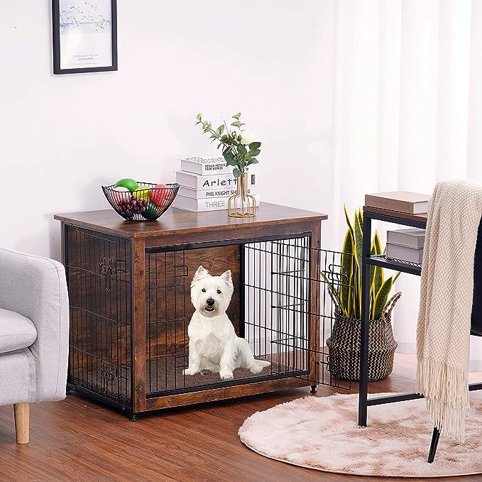 【Multi-functional】 This pet furniture can be used as pet crate ,also as a side table, end table or night stand.The wide top provides enough place to put some decorations such as small/medium plant, magazines, family picture frames and night lamps and so on.
【Double doors design & Adjustable feet】 Your pet will go in and out easily with double doors. When the floor is not flat , this side table can be kept stable by the adjustable feet.
【Particleboard and wire construction】 Chew-resistant construction for pet-safe durability and long service life.
【Dog crate with Cushion】 Matching cushion in the crate take your dog a warm and more comfortable sleep, and also we use the wooden plate at the bottom, no pet foot jamming, more safety.
【Size selection】 please be sure to measure your pet's height and length data before you buy, refer to the purchase advice to choose the right crate; if you find it difficult to choose, you can leave your pet's breed, height and length in the Q&A area, we will immediately recommend the right crate for you!