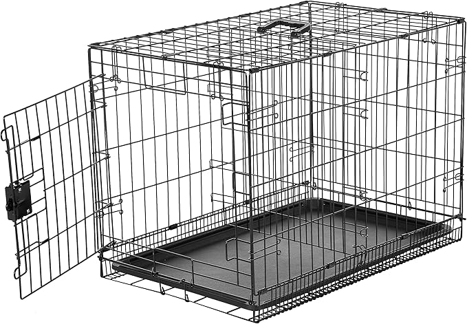 30-inch dog crate for pets under 26 x 17 inches (LxH), like a Beagle, Dachshund, Shih Tzu, or Chihuahua
Durable metal wire construction with manual door locking mechanism for secure containment
Sets up quickly and folds down flat for easy transport or compact storage; top handle for comfortable carrying
1 door and a divider for adjusting the internal space
Removable plastic base tray for easy cleaning
Metal hook at the bottom of the crate to prevent plastic tray from moving out. Please lock the hook well after installing the tray everytime in daily use