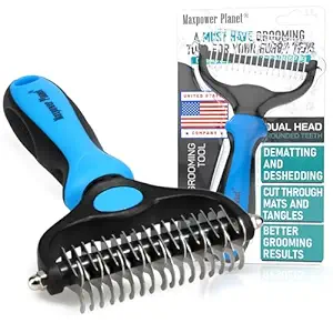 DUAL-SIDED DESIGN: Our grooming brush is perfect for dematting and deshedding your pet's coat! With a dual-sided design, use the 9-teeth side to tackle stubborn mats and tangles and the 17-teeth side to thin out and deshed your pet's fur.
NOT INTENDED FOR SHORT HAIRED CATS OR SHORT COAT DOG BREEDS: Our rake is designed specifically for long coats, wiry coats, and double coats. The deshedding rake for dogs and cats allows you to easily and safely remove mats, tangles, knots, and loose hair when used as directed. For use on long haired and thick coat breeds of pets.
EFFECTIVE DESHEDDING TOOL: Our dematting and deshedding tool gently removes loose hair and eliminates tangles, knots, dander, and trapped dirt. The perfect cat brush or dog grooming brush solution for pets with thick fur or dense double coats.
COMFORTABLE TO USE: Keep your pet's coat clean and healthy with our undercoat rake for dogs. This grooming rake for dogs is designed with a lightweight, comfortable, non-slip rubber handle to keep the brush from moving around as you groom your pet.
INSTRUCTIONS ON HOW TO USE: Using minimal pressure, glide along fur to remove tangles, and mats. 9 Teeth side for dematting and 17 for deshedding. When using on loose skin, be sure to pull loose skin tight to prevent catching on the blade. Its important to let the rake do the work and to use short gentle strokes on your pet.