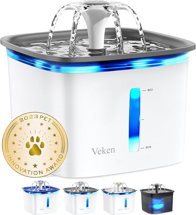 Award-Winning Product: Veken is proud to be a 2023 Category Winner of the Pet Innovation Awards, an honor given to only the most forward-thinking products within the rapidly expanding Pet industry.
High-quality: Made of food grade materials, this drinking fountain is BPA free, durable, and easy to operate and clean. The water-level window and LED Light let you observe how much water your pets drink in real time, and lets you see exactly when you need to fill the water bowl. There is a switch on the wire to control the light so you could easily turn it on or off.
Two flow designs: The Veken Pet Fountain has 2 modes: flower waterfall (faucet drinking) and the gentle fountain. The water streaming down the petals of the flower on the fountain will draw your pets attention and encourage animals to drink more often.
5 stages filtration system: In addition to keeping water fresh via circulation, the 5 stages system, including silver and coconut shell activated carbon, along with a unique composite scale inhibitor, keeps water better tasting and safer for pets.
Ultra-Quiet Pump: This water fountain uses an ultra-quiet, low-energy pump designed for long-term use. To maintain smooth operation, clean the pump and replace filters every 2-3 weeks. With regular care, the pump can last up to 1.5-2 years.