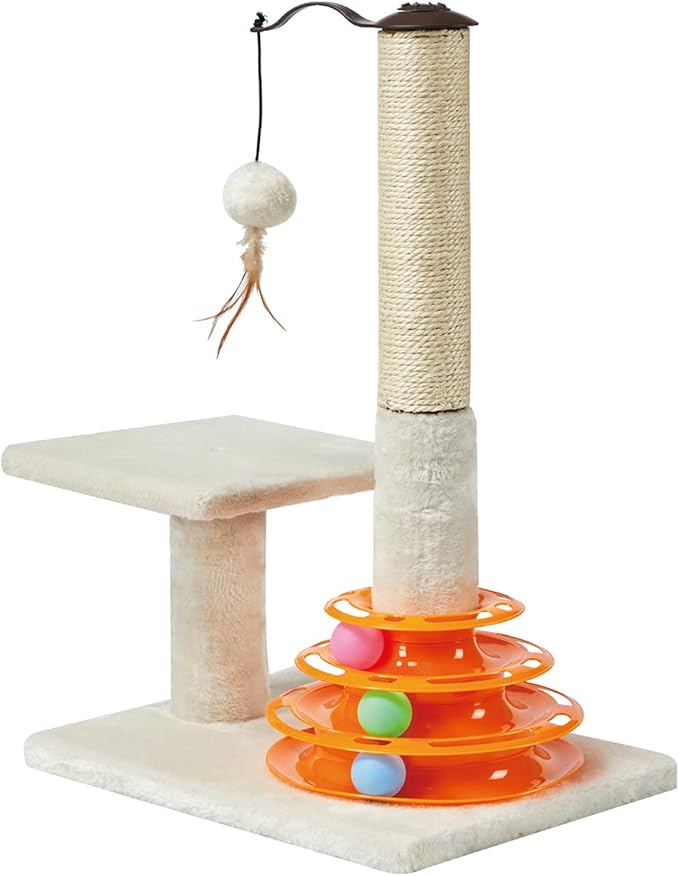 Scratching Post: Scratching post is made with thick cardboard tube and wrapped in natural sisal. It makes your cats get an effective and satisfying scratch, protects your furniture from sharp claws.
Cat Toys:This tower of trackball toy provides hours of exercise & self-amusement for health care and elimination of boredom and pet depression since your cat can play alone when the master is not at home.
Rotating Arm: We design a removable rotating arm on the top of scratching post, Your cats will love it and get more fun from play with the scratching ball.
Natural Materials:The 25inch cats scratching post tree is wrapped in sisal rope and plush - eco-friendly materials of the cat tree are absolutely Perfect size for cats up to 12 lbs.
Easy To Assemble: Quick and simple screw-together assembly, screw and wrench included.Feel free to contact us if you need any help of the product.