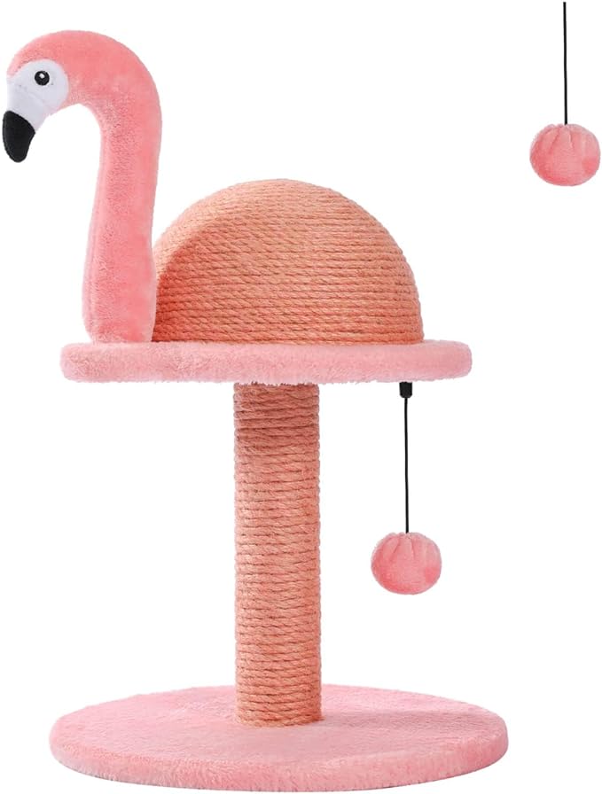 PETEPELA Cat Scratching Post, Pink Cat Scratcher Tree, Flamingos Natural Sisal Cat Scratch Post with Interactive Toy Ball and Extra Replacement Sisal Scratching Pole for Kittens and Small Cats,Pink